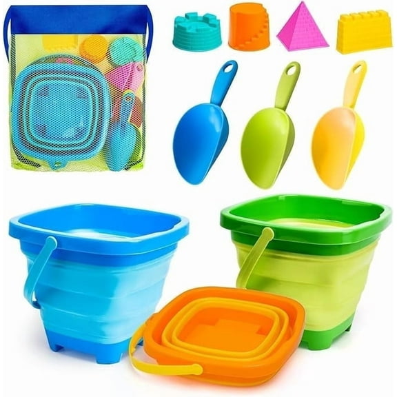 AuntyFey Collapsible Beach Toys Sand Toys for Kids Toddlers, Collapsible Beach Sand Buckets Toys, Sandbox Toys with Castle Sand Mold Shovel