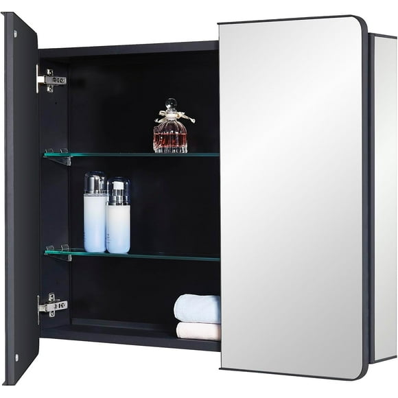 IDYLLOR Black Bathroom Mirror Medicine Cabinet with Round Corner Framed Door 30 x 25.6 inch, Recessed or Surface Mount, with Adjustable Glass Shelves
