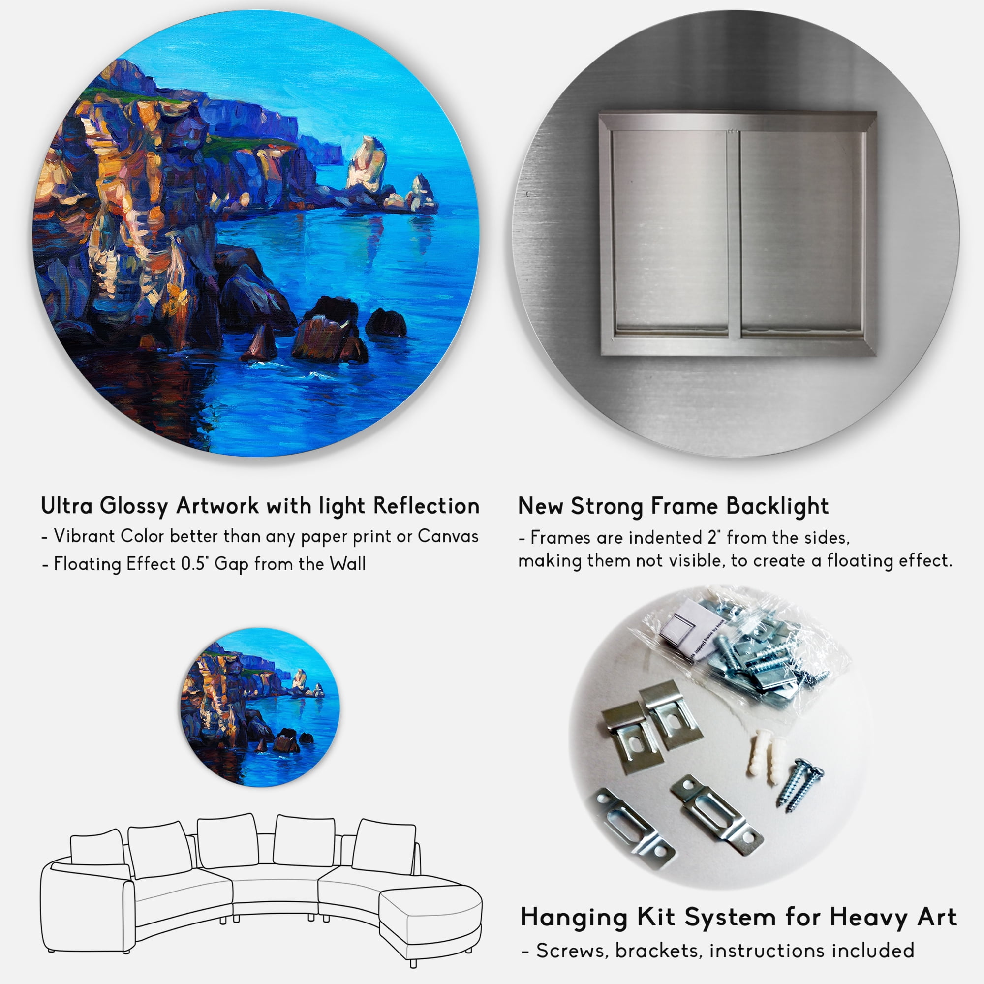Designart 'The Ocean By Cliffs In The Evening Glow' Nautical & Coastal Circle Metal Wall Art 36x36 - Disc of 36