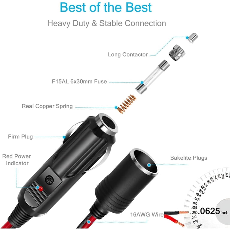 12V/24V 1 to 2 Car Cigarette Lighter Splitter Adapter - 7 inch UL Wire with  15A Fuse - Auto DC Power Supply Extension Cord with Plug Socket