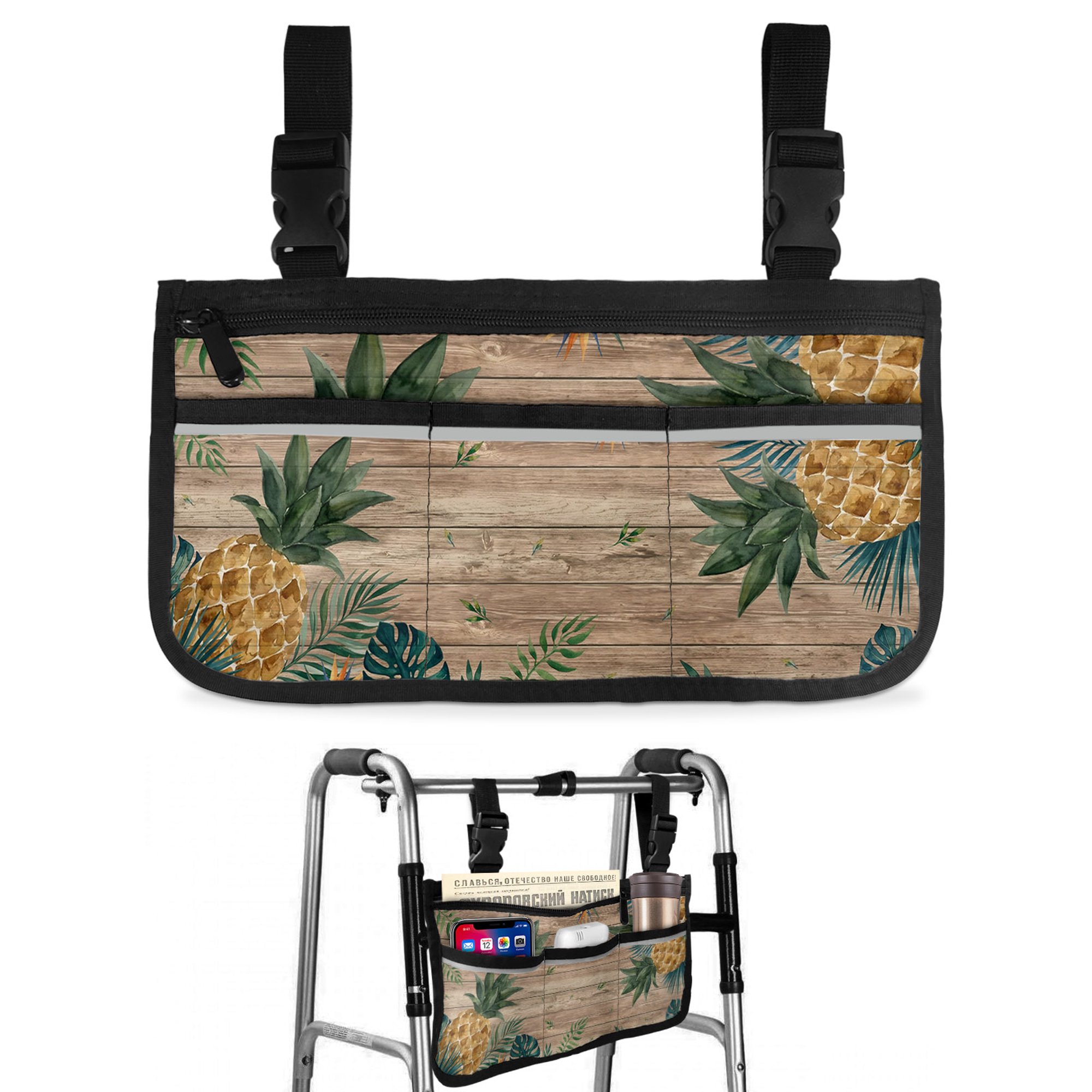 Tropical Palm Fronds Wheelchair Side Bag with Cup Holder, Retro Pineapple Wood Slats Tawny Wheelchair Armrest Bag Storage Pouch Adults, Seniors for Walkers, Rollator, Scooter