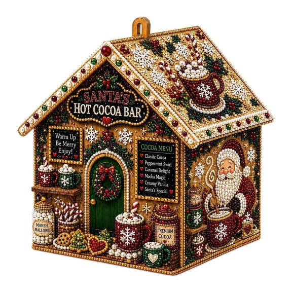 DIY Christmas House Diamond Painting Ornament, Santa's Hot Cocoa Bar 5D Rhinestone Hanging Decoration for Tree Wall Window, Holiday Craft Gift