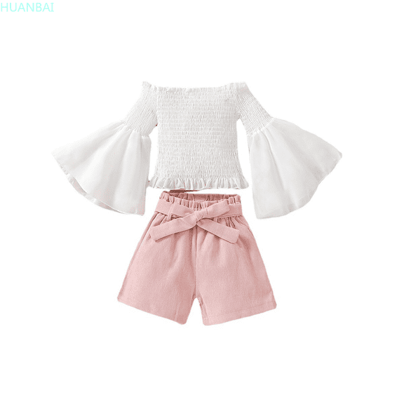 HUANBAI Kids Toddler Baby Girls Spring Summer Solid Cotton Ribbed Ruffle Long Sleeve Tops Shorts Outfits Clothes Daily Casual Outfits 2-3 Years