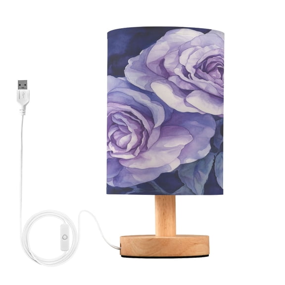 WOBOGO Lilac Rose Bedroom Table Lamp USB Power Connector Wooden Base Round Linen Shade For Living Room Desk