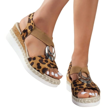 

ZIZOCWA Vintage Leopard Women Sandals Fish Mouth Wedge Thick Bottom Casual Sandals Female Slip On Elastic Platform Summer Shoes Non-Slip Brown Size9
