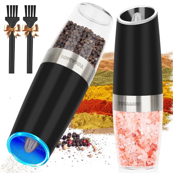 Ocalpur Electric Pepper and Salt Grinder Set, Adjustable Coarseness, One Hand Automatic Operation, Battery Powered with LED Light & 2 Utility Brushes for Home Kitchen BBQ