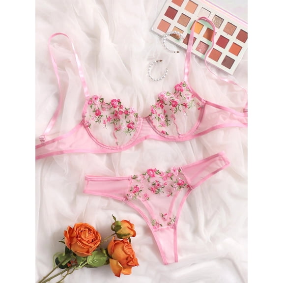 Pink Lingerie Set Floral Mesh