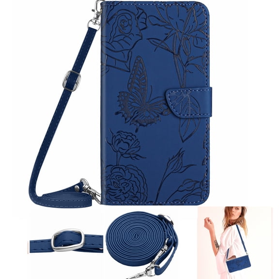 Allytechgroup for iPhone 16 Pro Max Case with Lanyard, Crossbody Shoulder Strap Hand Wrist Cards Holder Stand Flip Cover with Mangetic Closure Shockproof Back Cover for Women Girls, Blue