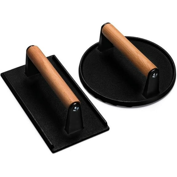 Burger Press, 7" Round & 8.2"X4.3" Rectangle Heavy-Duty Cast Iron Smash Bacon Press Meat Steak With Wood Handle for Griddle, Sandwich, Nonstick Pan