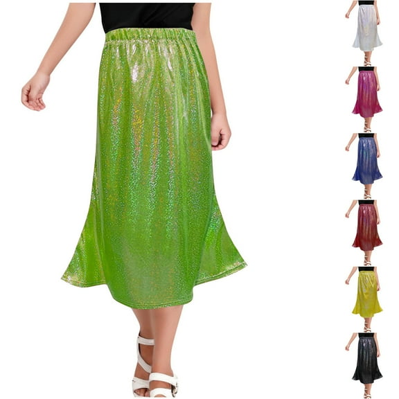 ZQUUVOU Kids Laser Sparkle Midi Skirt Solid Color Long Pleated Evening Flowy Ruffled Tiered Fishtail Skirts Gold