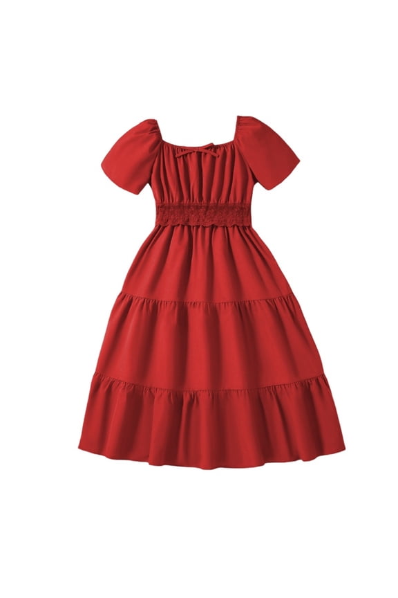 Girls A-Line Summer Dress Square Neck Short Sleeve Casual Princess Dress Medium & Large Size 5-14Y wirly Skirt Everyday Wear