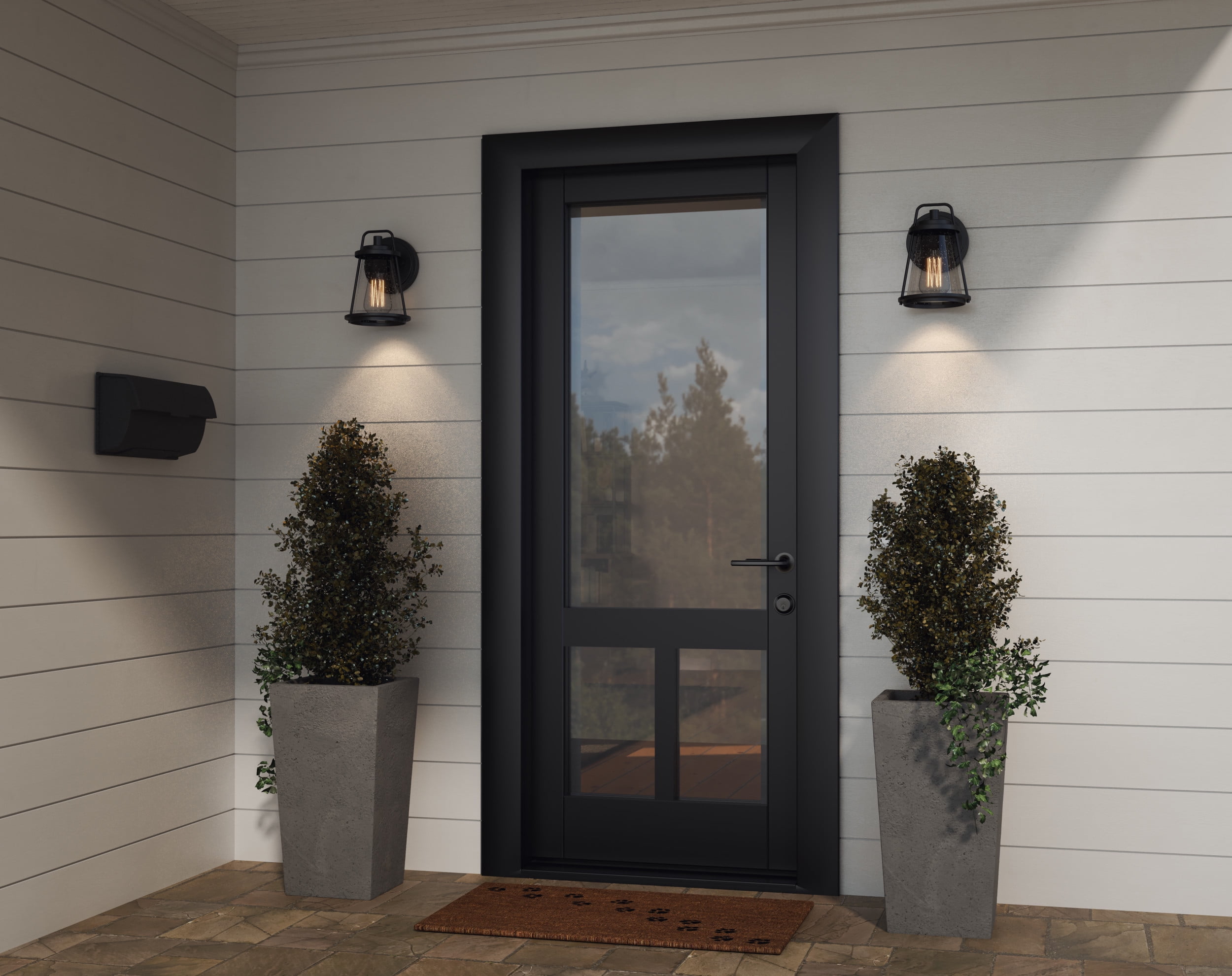 (2 pack) Avec Clifford Collection Modern Craftsman Matte Black Outdoor Wall Lantern with Clear Glass Shade