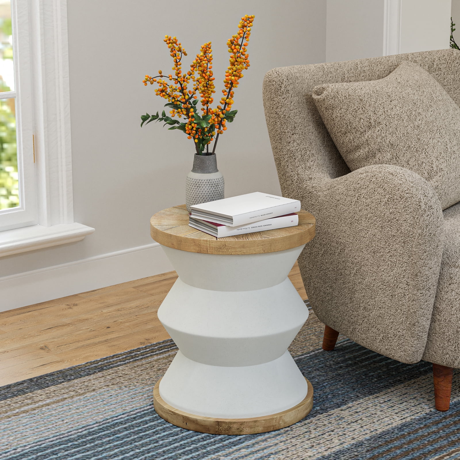 COSIEST Outdoor Patio 16.7-in Height Lightweight Concrete Accent Coffee Table with Faux Wood Tabletop