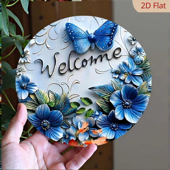 1pc Aluminum Metal Sign 8 Inches Welcome Wreath Butterfly Round Metal Sign Wall Home Room Cottage Home Street Store Garage Farm Garden Decoration Decorative Signs Plaques, Hanging Ornaments