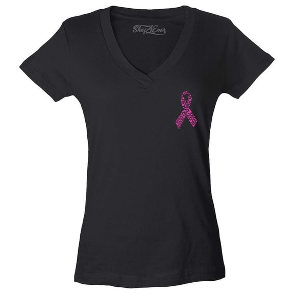 Shop4Ever Women's Butterfly Ribbon - Breast Cancer Awareness_Bright Pink Pocket Size Slim Fit V-Neck T-Shirt Large Black