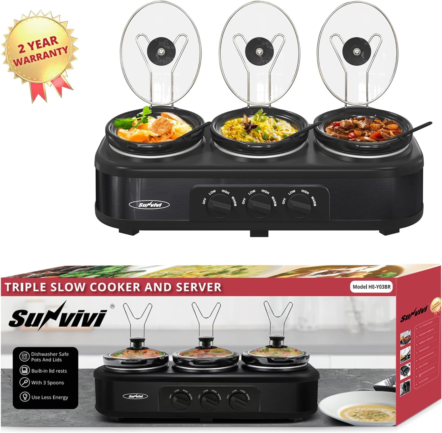 Royalcraft Triple Slow Cooker Buffet Servers and Warmer,3 Pot Food