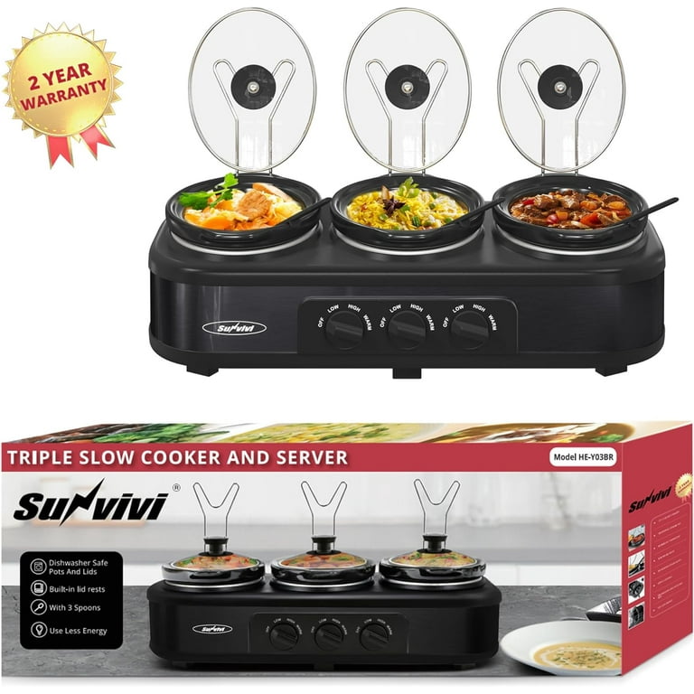 Royalcraft Double Slow Cooker,2 Pot Small Mini Crock Buffet Servers and  Warmer,Dual Pot Oval Manual Slow Cooker with Adjustable Temp Removable  Ceramic Pot,Stainless Steel, Total 2.5 Quarts Black 