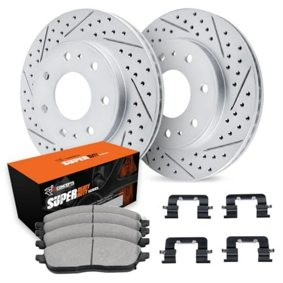 R1 Concepts Drilled and Slotted Carbon Coated Disc Brake Rotor Set with Super Duty Pads and Hardware WBXH1-99177
