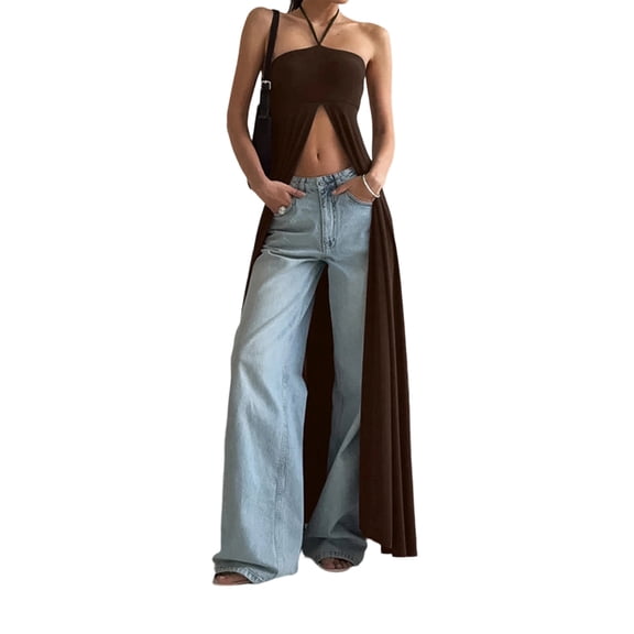 Womens French Elegant Loose Fit Halter Neck Sleeveless Maxi Dress with High Slit Long Gown Brown S