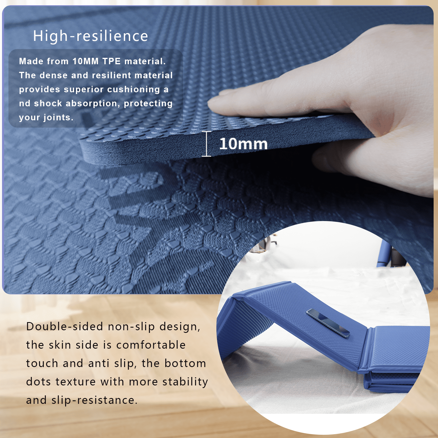 YR Foldable Yoga Mat Large 78X51" 10mm Thick Non-Slip TPE Folding Exercise Fitness Gymnastics Mat, Blue