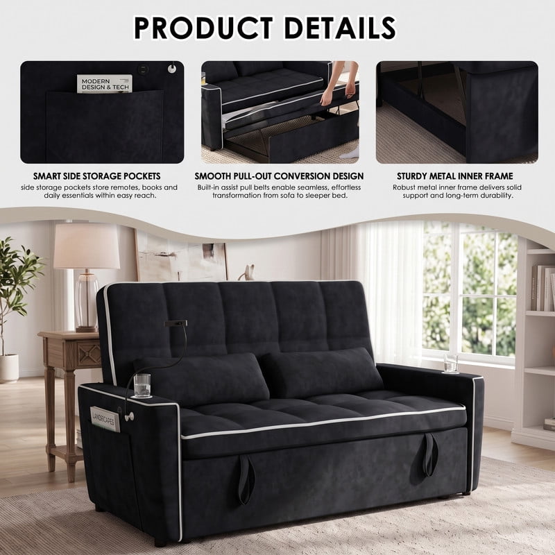 Anpport 54" 3‑in‑1 Convertible Sleeper Sofa Bed, Loveseat with White Trim, USB Charging Port, Phone Stand, 2 Cup Holders and 2 Pillows for Living Room, Bedroom and Apartment, Black