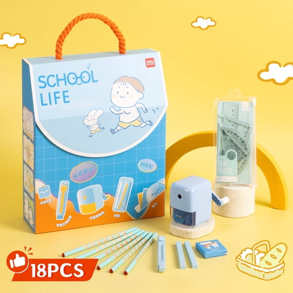 Deli Stationery Set, All-in-One Writing Supplies Kit with Pencil Sharpener,6 Pencils, Ruler Set, Push Eraser & Refills, Pencil Cap, Blue