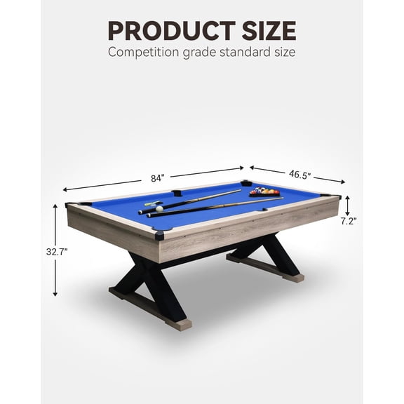Acekid Pool Table Outdoor Solid Wood Pool Table With 2 Cue Sticks Billiard Balls Cleaning Brush Chalk And X-Legs Blue 7 FT