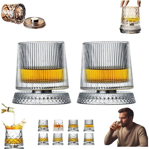 360 Degree Rotating Whiskey Glass, 2 Pack Rotating Crystal Whiskeys Tumbler Glass, Spinning Cocktail Glasses with Stable Decoupled Base, Unique Whiskey Gifts for Men
