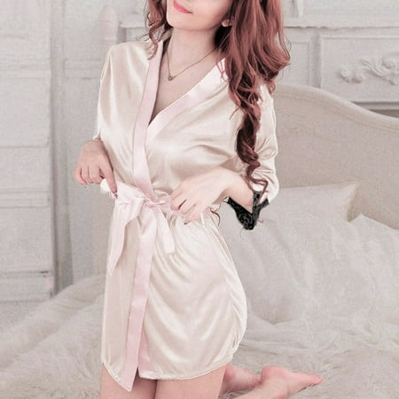 

LINMOUA Women Ladies Sexy Lace Silk Underwear Lingerie Sleepwear Nightdress Robe Dress