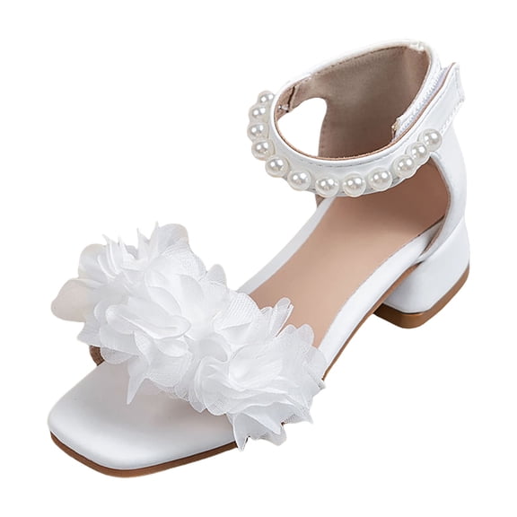 newwalpole Girls Dress Shoes Sandals Open Toe Low Heels Pearls Ankle Strap Flower Girl Wedding Party Shoes for Toddler Little Big Kid White for Size 12.5
