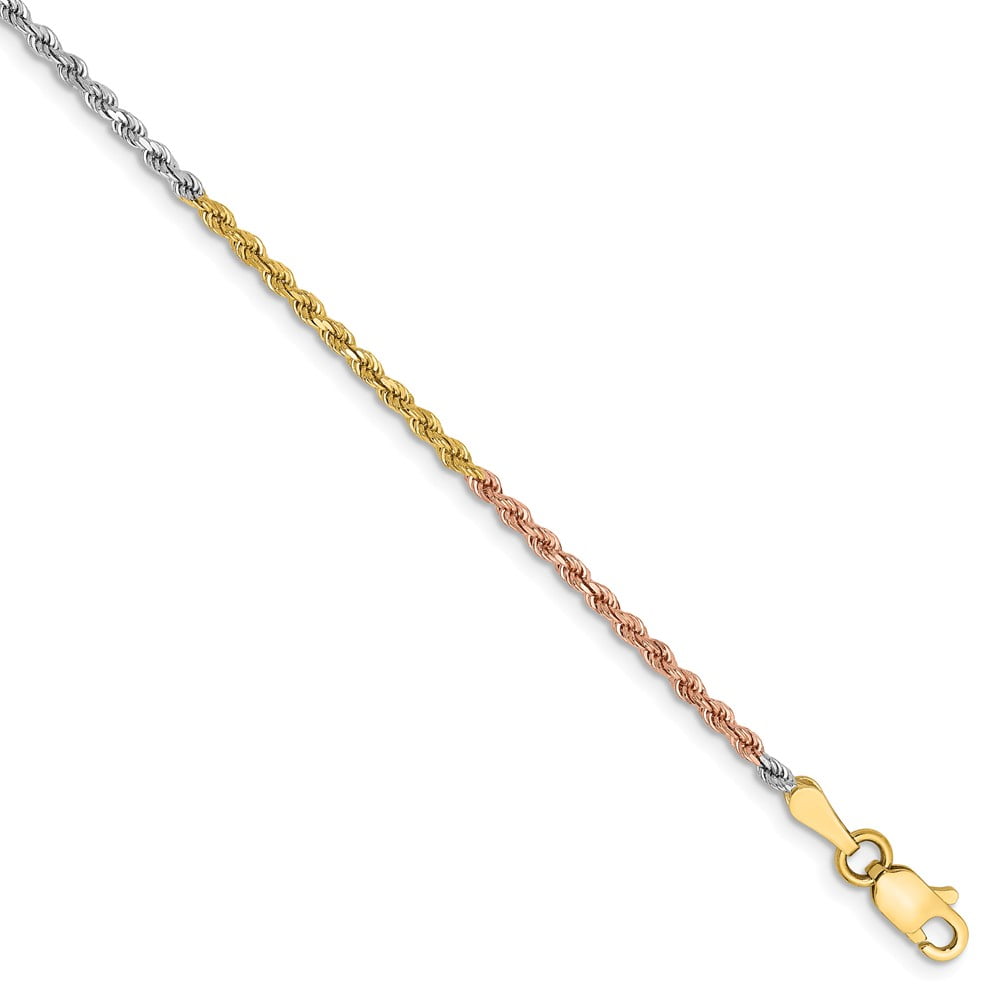 Real 14kt Tri-Color 1.75mm Diamond Cut Rope Chain; 9 inch; Lobster Clasp; for Adults and Teens; for Women and Men