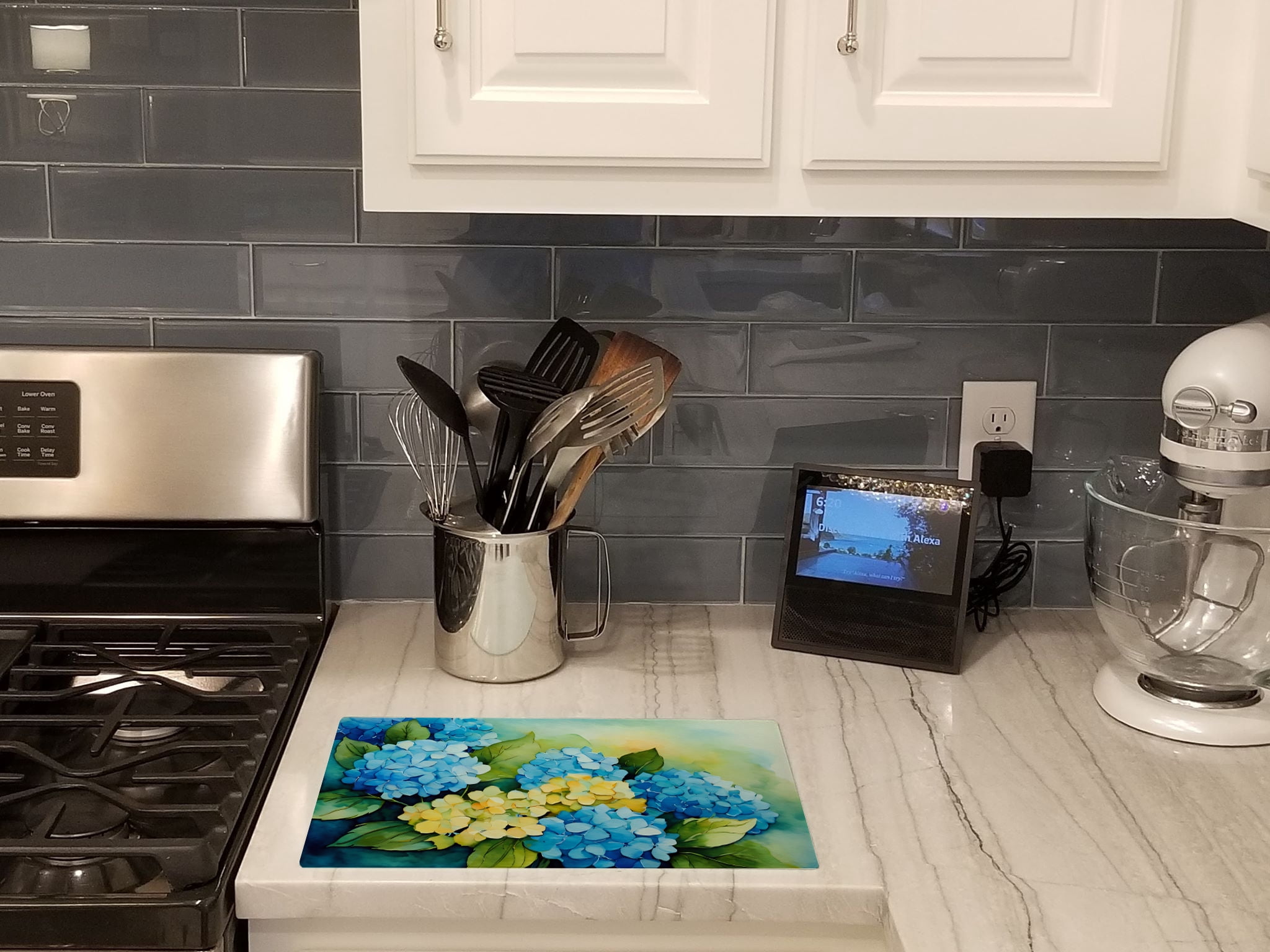 Hydrangeas in Watercolor Glass Cutting Board Large 12 in x 15 in