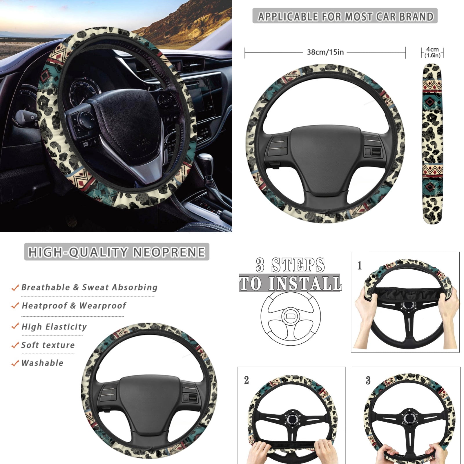 Renewold American Tribal Cow Print Beige Car Accessories Set 12 PCS, Universal Car Seat Covers Steering Wheel Armrest Cover Seat Belt Pad Coasters Handbrake Gear Shift Cover Car Accessories