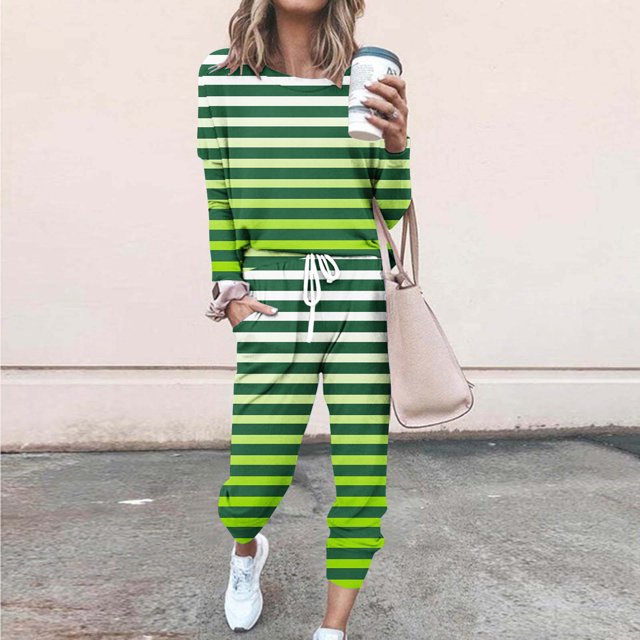 Puntoco Traje Casual Con Cordón Y Cuello Redondo De Manga Larga Con Estampado Holgado A La Moda Para Mujer Verde L
