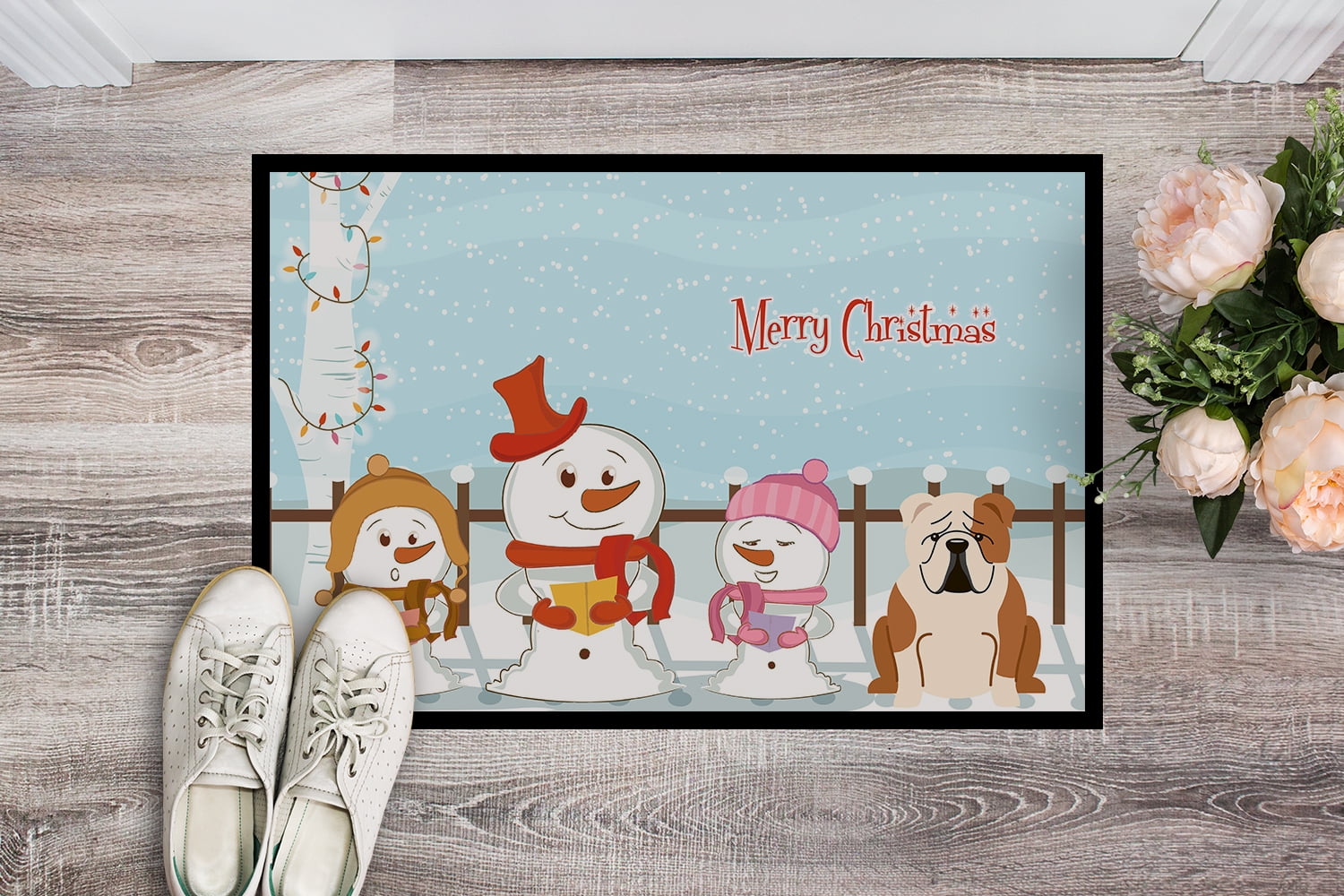 Carolines Treasures Merry Christmas Carolers English Bulldog Fawn White Door Mat Indoor Rug or Outdoor Welcome Mat 24x36