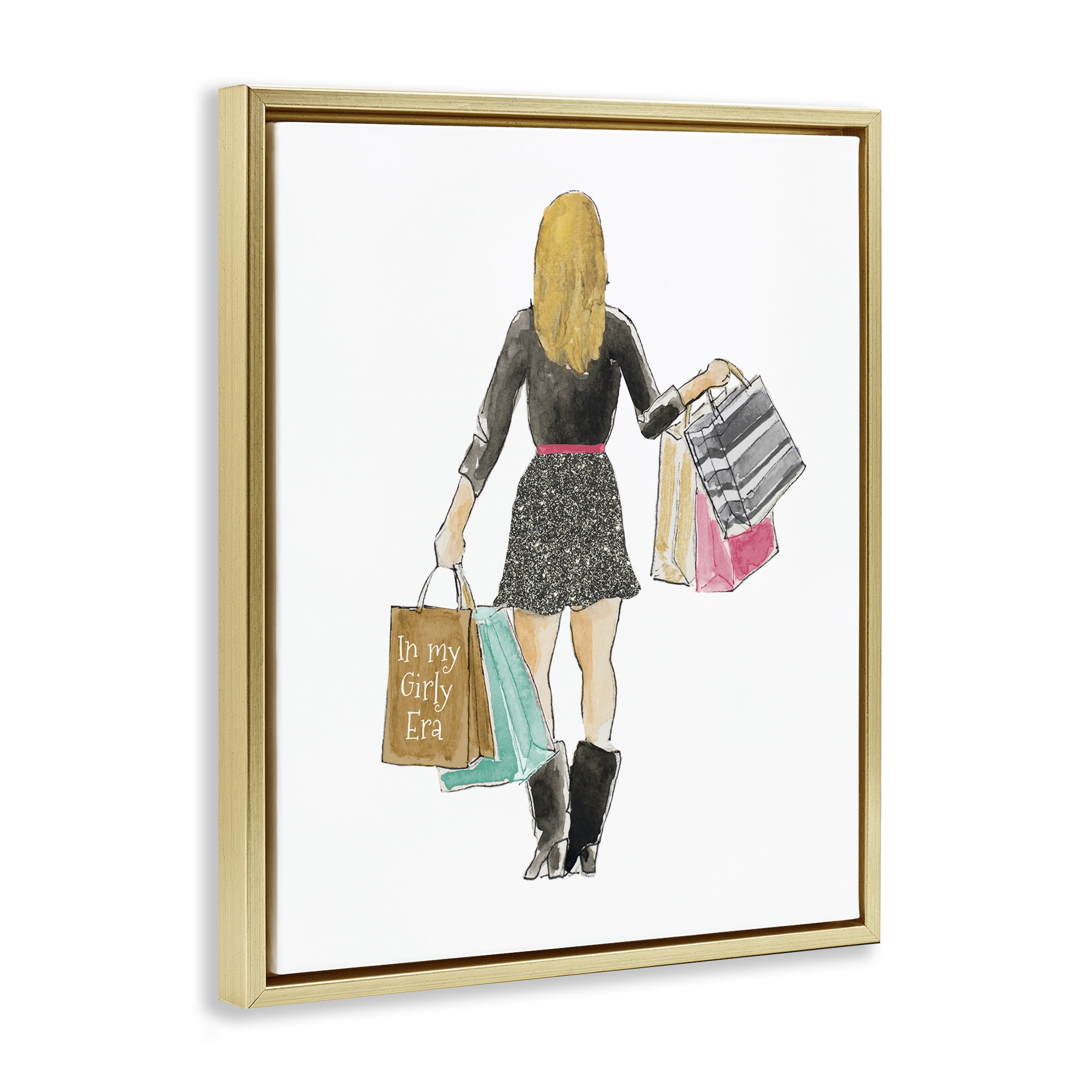 Stupell Industries Girl With Shopping Bags Gold Framed Floater Canvas Wall Art, design by Lanie Loreth