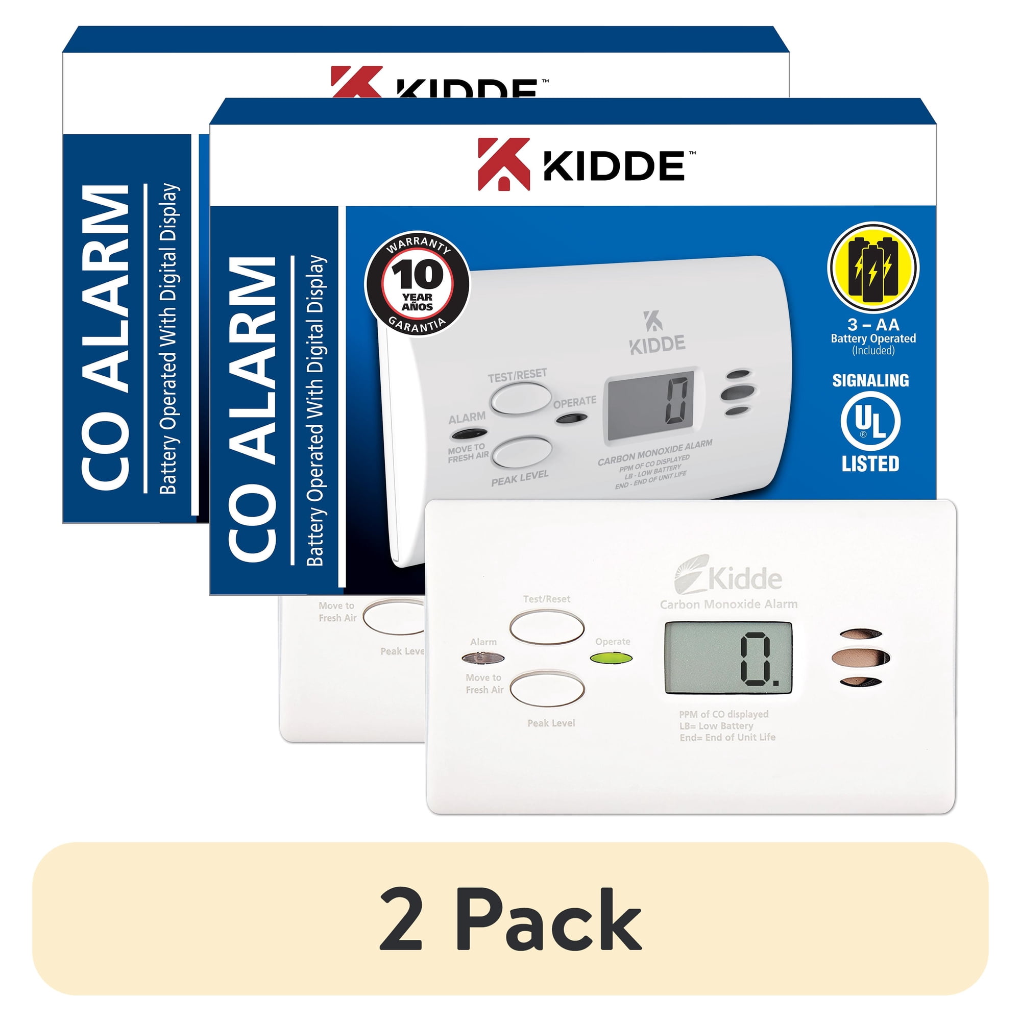 (2 pack) Kidde Battery-Operated Carbon Monoxide Alarm with Digital Display, KN-COPP-B-LPM
