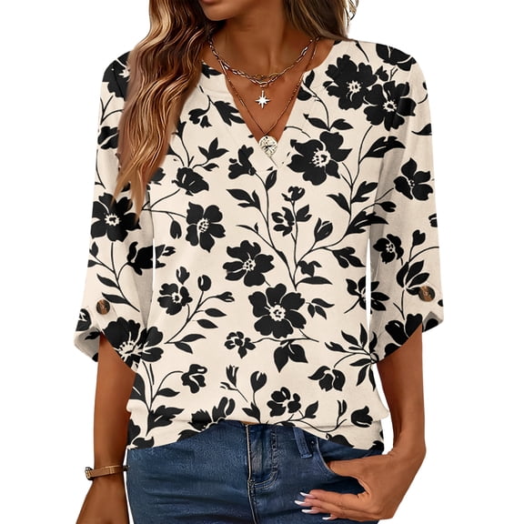 OIOLOYJM Women 3/4 Sleeve Shirt 2026 Floral Print Oversized Casual Shirts Summer V Nevk Loose Fit Pullover Vacation Work Blouses Beige M
