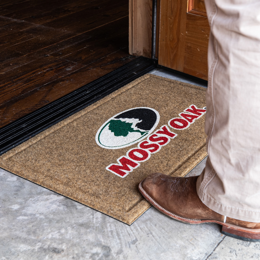 Mossy Oak Logo Recycled Rubber Indoor Outdoor Faux Coir All Weather Non-slip Doormat, Tan, 18" x 30"