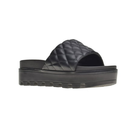 

WILD PAIR Womens Black Quilting 1.5 Platform Elevated Round Toe Wedge Slip On Slide Sandals Shoes 7 M