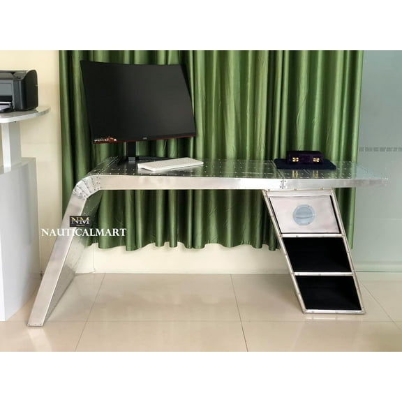 Aviator Wing Desk Aluminium Table 1-Drawer Aviator Furniture Modern Office Desk Work Study Writing Computer Desk Table for Home (64 Inches)