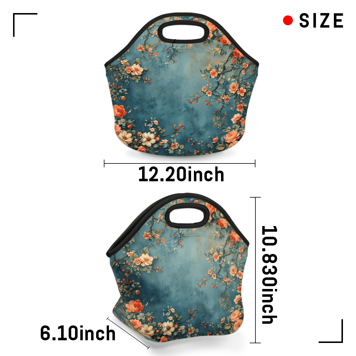 Herdesigns Vintage Floral Neoprene Lunch Bag, Flowers Insulated Lunch Box for Women Men Washable Lunch Tote Soft Lunch Container With Zipper for Work Picnic Travel