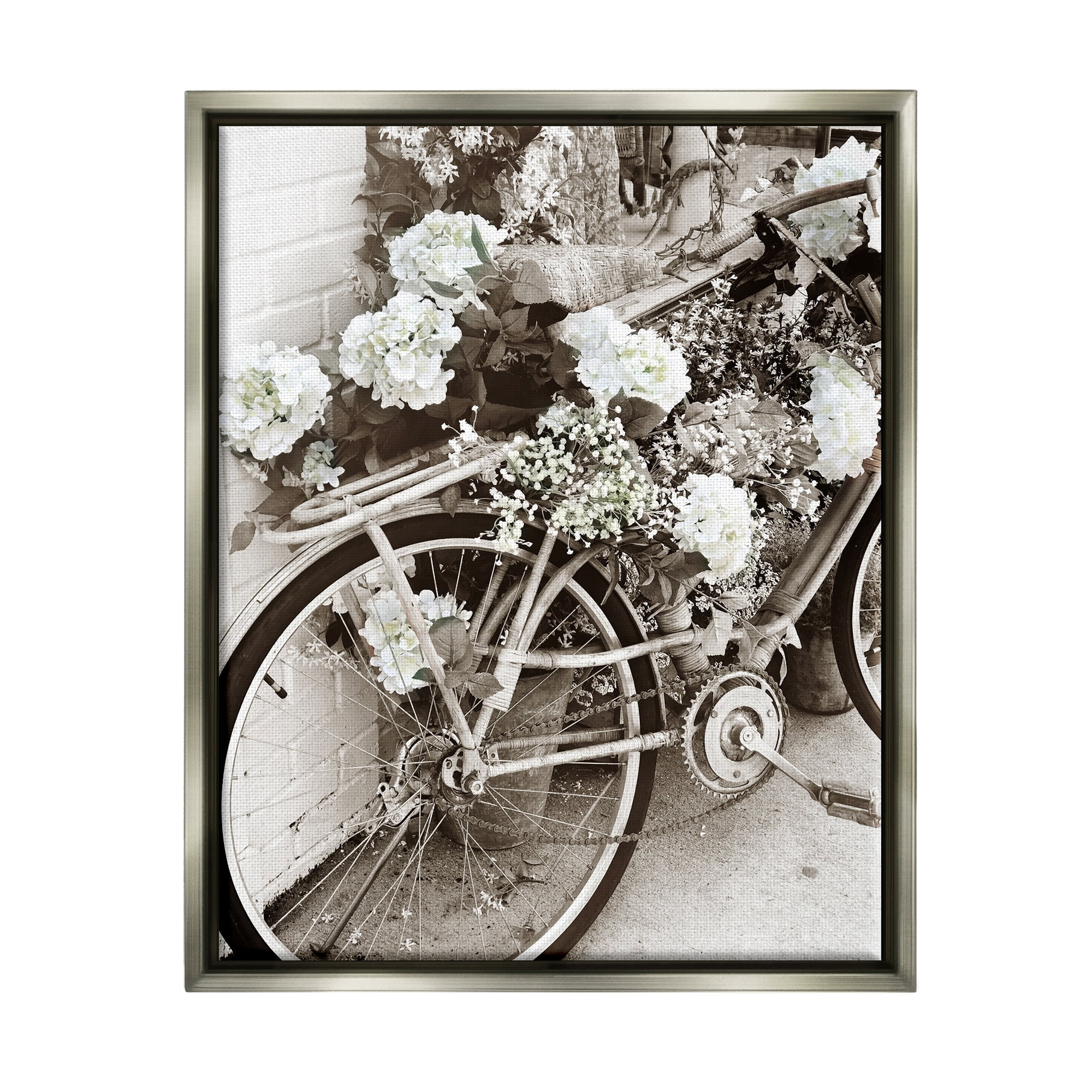 Stupell Industries Flower Blossom Covered Bicycle Vintage Neighborhood Photography Photograph Luster Gray Floating Framed Canvas Print Wall Art, Design by Acosta