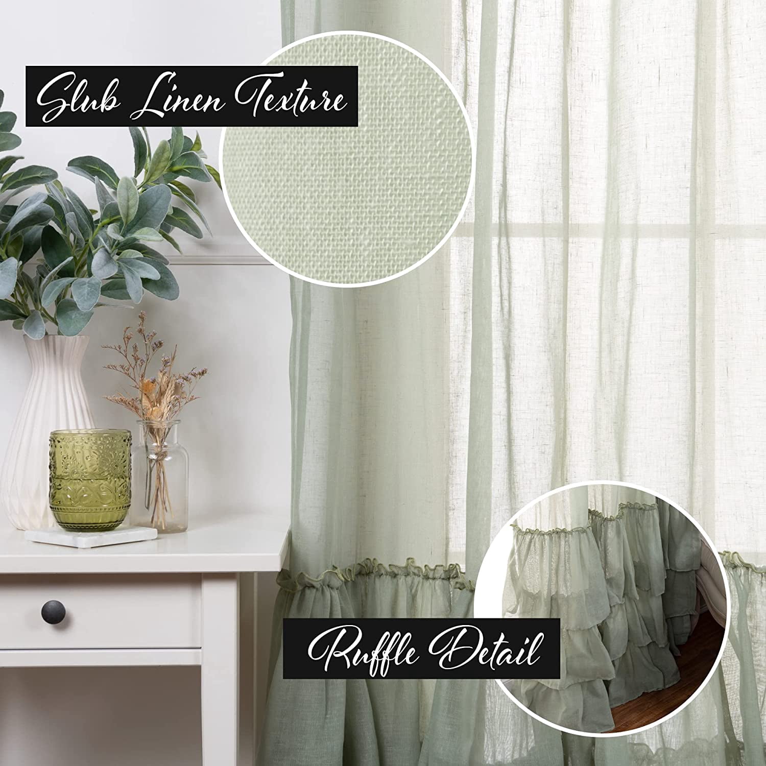 Quality Home Faux Linen Ruffle Curtains
