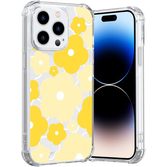 for iPhone 14 Pro Case Cute Kawaii Yellow Flower Floral Aesthetic Clear Phone Case for Girls Preppy Women -
