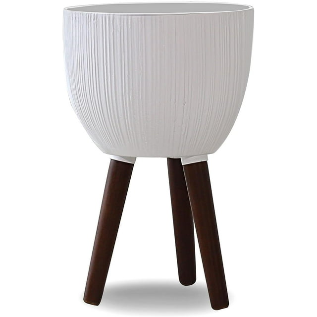 SHMAMT 12 Inches Plant Pot with Stand, Modern Large Planters with Wood Legs, Tall Mid Century