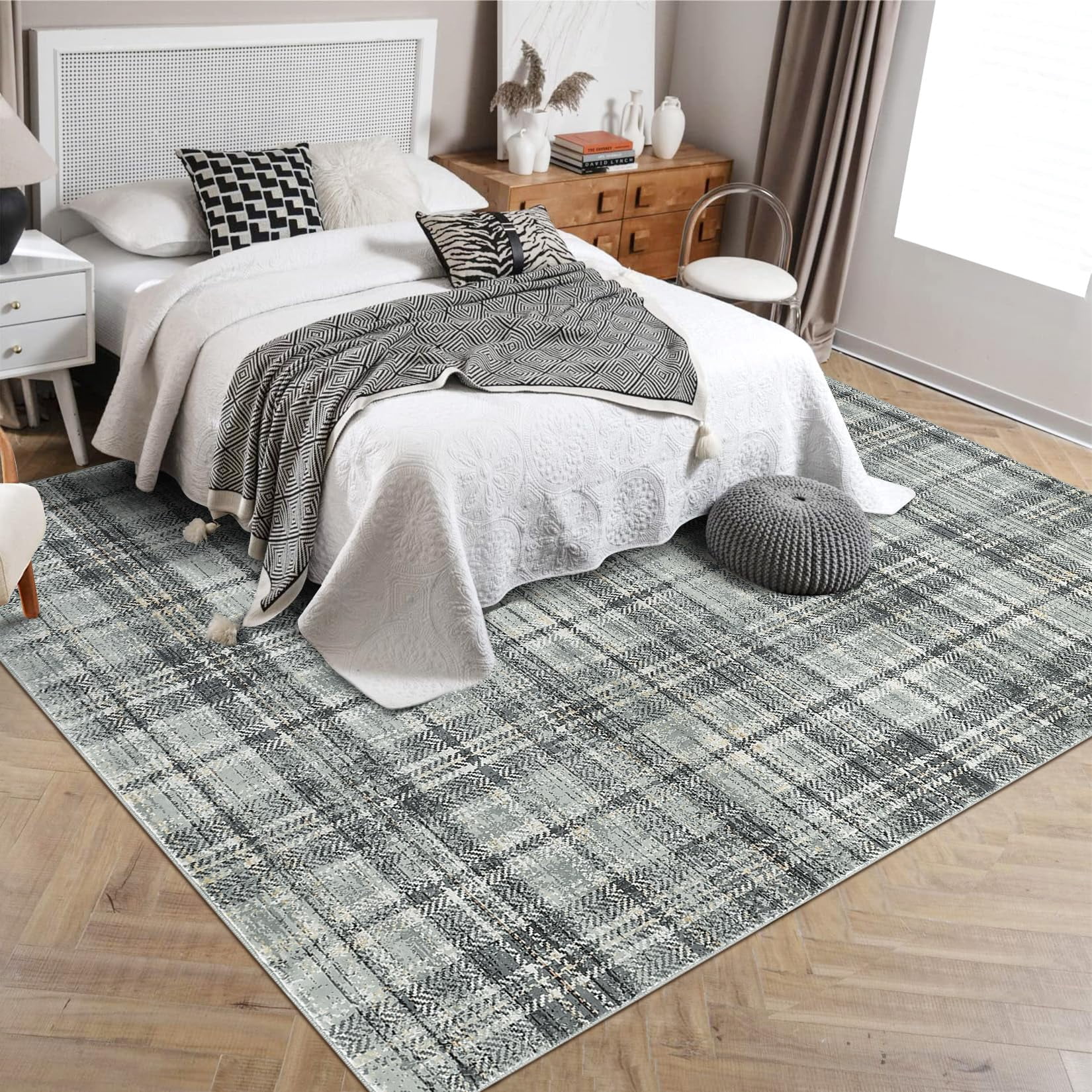9'x12' Washable Tartan Plaid Area Rug, Non Slip Non Shedding Stain Resistant Soft Pearl Velvet Indoor Rug, Luxury Plaid Floor Mat for Living Room Bedroom Nursery Office, Green