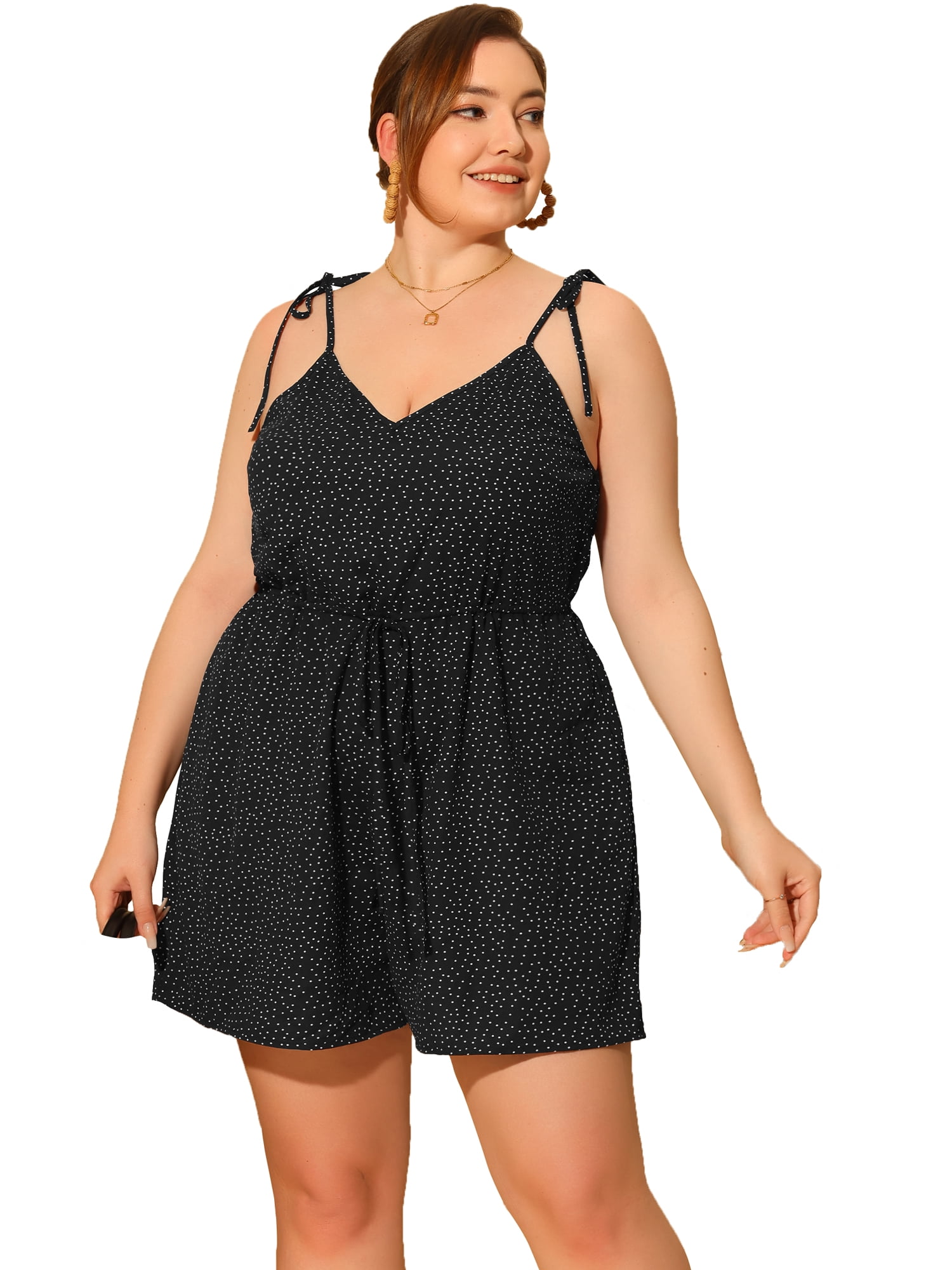 DARING DIVA Women's Plus Polka Dots Cami Romper Jumpsuit Black 3X
