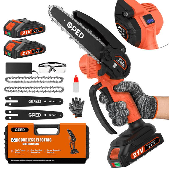 GPED Mini Chainsaw , Motosierra Eléctrica Portátil de 6 Pulgadas sin Cable, Motosierra de Mano para Poda, Motosierra para Ramas de Árboles, Patio, Hogar y Jardín, Naranja