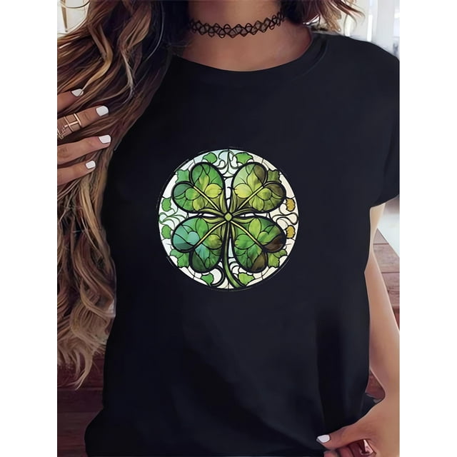Camiseta de algodón con estampado de trébol y letras del Día de San Patricio: manga corta, cuello redondo, informal